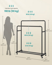 LEDREM Clothes Rack, Garment Rack On Wheels, Coat Rack, 2 Lockable Wheels, Bedroom, Double Rods, Holds Up To 90 Kg,ink Black - thumbnail 6