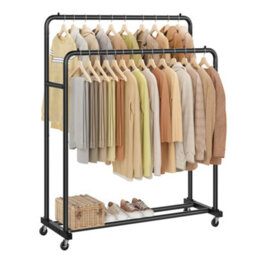 LEDREM Clothes Rack, Garment Rack On Wheels, Coat Rack, 2 Lockable Wheels, Bedroom, Double Rods, Holds Up To 90 Kg,ink Black - thumbnail 3