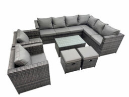 Fimous Patio Sofa Oblong Coffee Table Set Rattan Garden Furniture Set With 2 Chairs 2 Small Stools Dark Grey Mixed - thumbnail 1