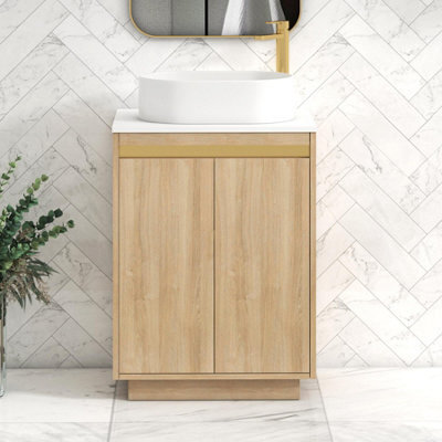 Royal Bathrooms Orion 600mm Natural Oak Floor Standing Plain White Countertop Vanity Unit 2 Door With Peak Basin & Brushed Brass Accent Trim - image 1