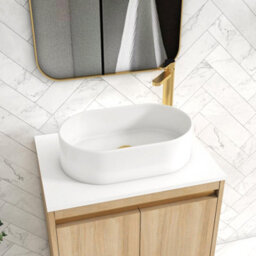 Royal Bathrooms Orion 600mm Natural Oak Floor Standing Plain White Countertop Vanity Unit 2 Door With Peak Basin & Brushed Brass Accent Trim - thumbnail 5