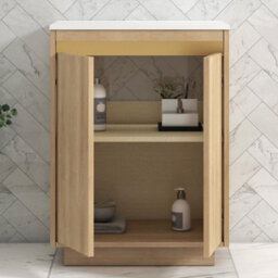 Royal Bathrooms Orion 600mm Natural Oak Floor Standing Plain White Countertop Vanity Unit 2 Door With Peak Basin & Brushed Brass Accent Trim - thumbnail 4