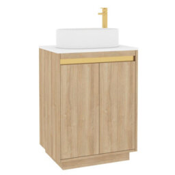 Royal Bathrooms Orion 600mm Natural Oak Floor Standing Plain White Countertop Vanity Unit 2 Door With Peak Basin & Brushed Brass Accent Trim - thumbnail 6