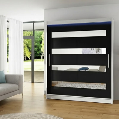 Sliding Wardrobe Westa Xiii 150 Cm With Mirror Panels And Rgb Led Lights White Black - image 1