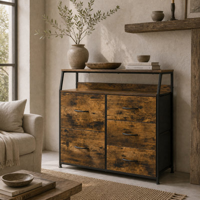 Wyld Haus Rasozi 5-Drawer Metal And Fabric Chest With Open Shelf, Rustic Brown And Black - 83.5W X 29D X 87H Cm - image 1