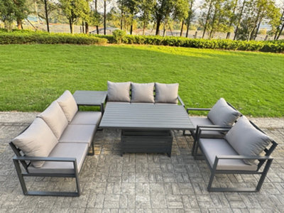 Fimous Garden Aluminium Furniture Set 8 Seater Adjustable Rising Lifting Dining Table With 2 Chairs Side Table Dark Grey - image 1