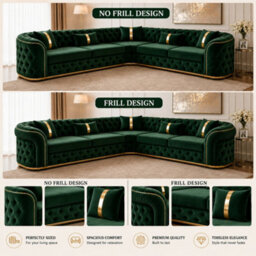 Stratus Interiors Ambassador Chesterfield Toronto Metal Trim Fabric Plush Velvet Sofa With Gold Trim & No Frill Design - L Shape Corner Sofa - Green - thumbnail 4