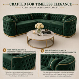 Stratus Interiors Ambassador Chesterfield Toronto Metal Trim Fabric Plush Velvet Sofa With Gold Trim & No Frill Design - L Shape Corner Sofa - Green - thumbnail 2