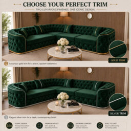 Stratus Interiors Ambassador Chesterfield Toronto Metal Trim Fabric Plush Velvet Sofa With Gold Trim & No Frill Design - L Shape Corner Sofa - Green - thumbnail 3