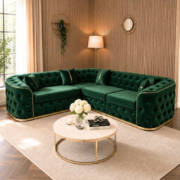 Stratus Interiors Ambassador Chesterfield Toronto Metal Trim Fabric Plush Velvet Sofa With Gold Trim & No Frill Design - L Shape Corner Sofa - Green