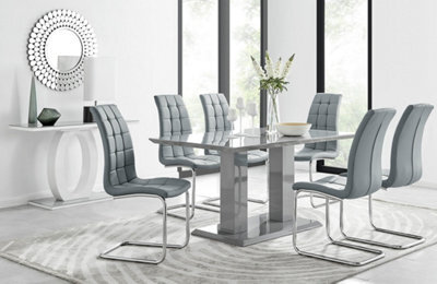 Furniturebox Imperia Grey High Gloss 6 Seater Dining Table With Structural 2 Plinth Column Legs 6 Grey Padded Faux Leather Murano Chairs - image 1