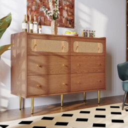 Rattan Sideboard Cabinet For Living Room, Chest Of Drawers With 6 Drawers, Walnut -40D X 120W X 90H Centimetres - thumbnail 5