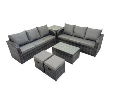 Fimous Outdoor 3 Seater Sofa Coffee Table Set Garden Rattan Furniture Set 8 Seater With 2 Small Stools Side Table Dark Grey - image 1