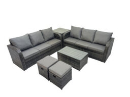 Fimous Outdoor 3 Seater Sofa Coffee Table Set Garden Rattan Furniture Set 8 Seater With 2 Small Stools Side Table Dark Grey - thumbnail 1