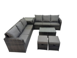 Fimous Outdoor 3 Seater Sofa Coffee Table Set Garden Rattan Furniture Set 8 Seater With 2 Small Stools Side Table Dark Grey - thumbnail 2