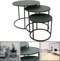 Divchi Round Nesting Set Of 3, Modern Wooden Look With Metal Black - thumbnail 2