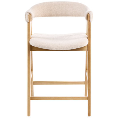 Wyld and Coco Aurora Living Bar Chairs - Pair, Boucle Upholstery, Light Brown Beige, Rubberwood Legs, Retro-Traditional Bar Stools - image 1