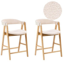 Wyld and Coco Aurora Living Bar Chairs - Pair, Boucle Upholstery, Light Brown Beige, Rubberwood Legs, Retro-Traditional Bar Stools - thumbnail 3