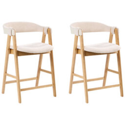 Wyld and Coco Aurora Living Bar Chairs - Pair, Boucle Upholstery, Light Brown Beige, Rubberwood Legs, Retro-Traditional Bar Stools - thumbnail 4