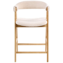 Wyld and Coco Aurora Living Bar Chairs - Pair, Boucle Upholstery, Light Brown Beige, Rubberwood Legs, Retro-Traditional Bar Stools - thumbnail 1