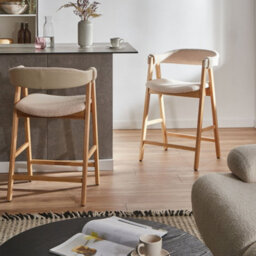 Wyld and Coco Aurora Living Bar Chairs - Pair, Boucle Upholstery, Light Brown Beige, Rubberwood Legs, Retro-Traditional Bar Stools - thumbnail 2
