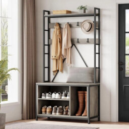 Grey Hall Tree Bench 5 In 1 Coat Shoe Storage Entryway Rack Cubbies - thumbnail 1