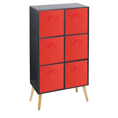 Urbn-Living Urbnliving 91Cm Height 6 Cube Black Wooden Bookcase With Pine Legs Living Room Red Shelf Storage Drawers - image 1