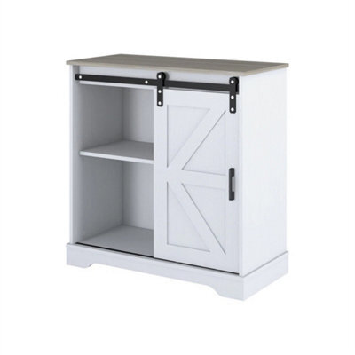 Natural Top White Body Sliding Barn Door Buffet Sideboard Storage Cabinet Coffee Bar - image 1