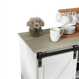 Natural Top White Body Sliding Barn Door Buffet Sideboard Storage Cabinet Coffee Bar - thumbnail 3