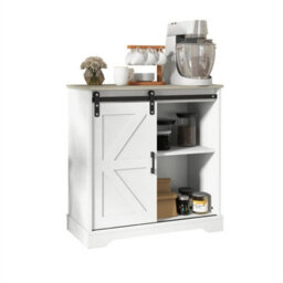Natural Top White Body Sliding Barn Door Buffet Sideboard Storage Cabinet Coffee Bar - thumbnail 5
