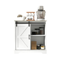 Natural Top White Body Sliding Barn Door Buffet Sideboard Storage Cabinet Coffee Bar - thumbnail 4