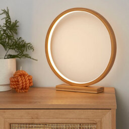 Lighting Collection Round Wooden Frame Led Table Lamp With Soft Ambient Glow Panel - thumbnail 1