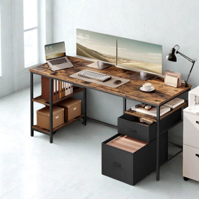 FURNOLD Industrial 140Cm Computer Desk With Storage Shelves And Drawer Rustic Brown - image 1