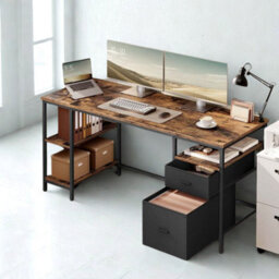 FURNOLD Industrial 140Cm Computer Desk With Storage Shelves And Drawer Rustic Brown