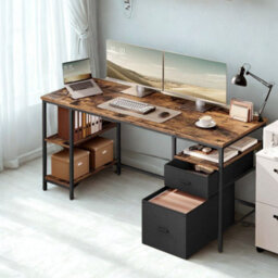 FURNOLD Industrial 140Cm Computer Desk With Storage Shelves And Drawer Rustic Brown - thumbnail 2