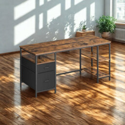 FURNOLD Industrial 140Cm Computer Desk With Storage Shelves And Drawer Rustic Brown - thumbnail 3