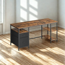 FURNOLD Industrial 140Cm Computer Desk With Storage Shelves And Drawer Rustic Brown - thumbnail 4