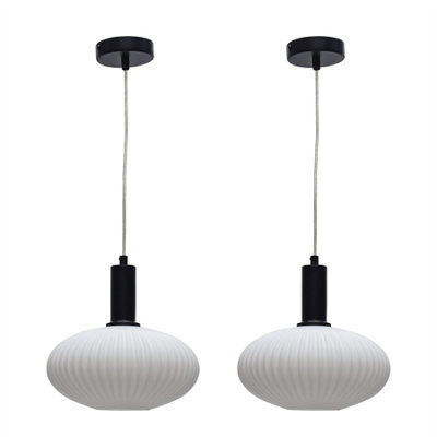 First Choice Lighting Set Of 2 Baton - White Ribbed Oval Glass Black Deco Pendant Fittings - image 1