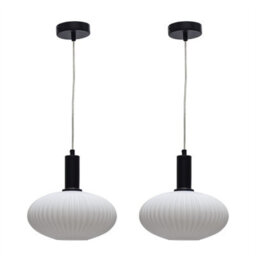 First Choice Lighting Set Of 2 Baton - White Ribbed Oval Glass Black Deco Pendant Fittings - thumbnail 1