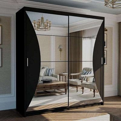 M N Furniture Ltd Wardrobe With Led Light Modern Sliding Door Wardrobe - Adjustable Interior Bedroom Cabinet With Curved Mirror (Black,203Cm) - image 1