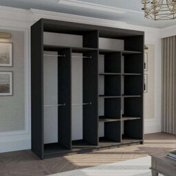 M N Furniture Ltd Wardrobe With Led Light Modern Sliding Door Wardrobe - Adjustable Interior Bedroom Cabinet With Curved Mirror (Black,203Cm) - thumbnail 3