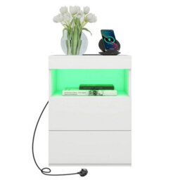 Led 3 Drawer Bedside Table Modern Nightstand With Charging Station Rgb Lighted - thumbnail 1