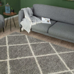 The Rugs Moroccan Shaggy Rugs And Runners Soft Fluffy Diamond Design High Pile Grey And Ivory Living Room Kitchen Hallway 510 - thumbnail 7