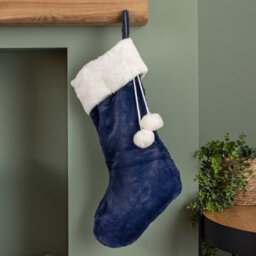 Samuel Alexander 55Cm Blue Soft Plush Hanging Christmas Stocking With Faux Fur Trim And Pom Poms - thumbnail 1