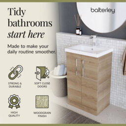 Balterley Level Modern Bathroom Floor Standing 2 Soft Close Door & Mid-Edge Vanity Unit Basin, Bleached Oak, 500mm - thumbnail 7