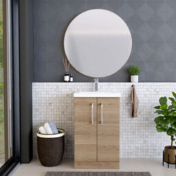Balterley Level Modern Bathroom Floor Standing 2 Soft Close Door & Mid-Edge Vanity Unit Basin, Bleached Oak, 500mm - thumbnail 2