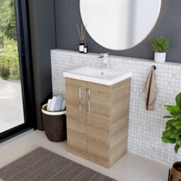 Balterley Level Modern Bathroom Floor Standing 2 Soft Close Door & Mid-Edge Vanity Unit Basin, Bleached Oak, 500mm - thumbnail 4