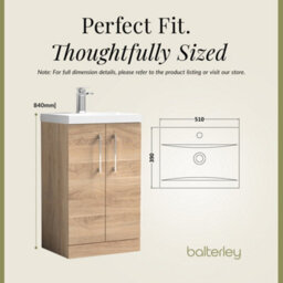 Balterley Level Modern Bathroom Floor Standing 2 Soft Close Door & Mid-Edge Vanity Unit Basin, Bleached Oak, 500mm - thumbnail 5