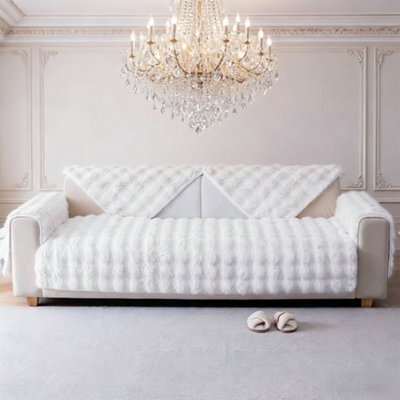 Living And Home White Thickened Faux Rabbit Fur Knitted Sofa Cushion Cover/sofa Throw, 150Cm W X 90Cm D - image 1
