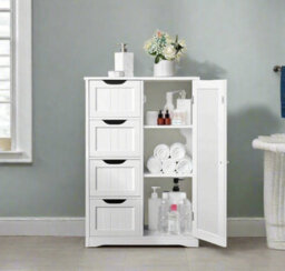 Modcraft Bathroom Floor Cabinet Wooden Freestanding Storage With 4 Drawers & 1 Door Adjustable Shelf , White - thumbnail 1